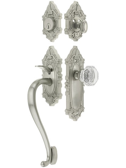 Grandeur Grande Victorian Thumblatch Entrance Set With Chambord Knob in Satin Nickel.